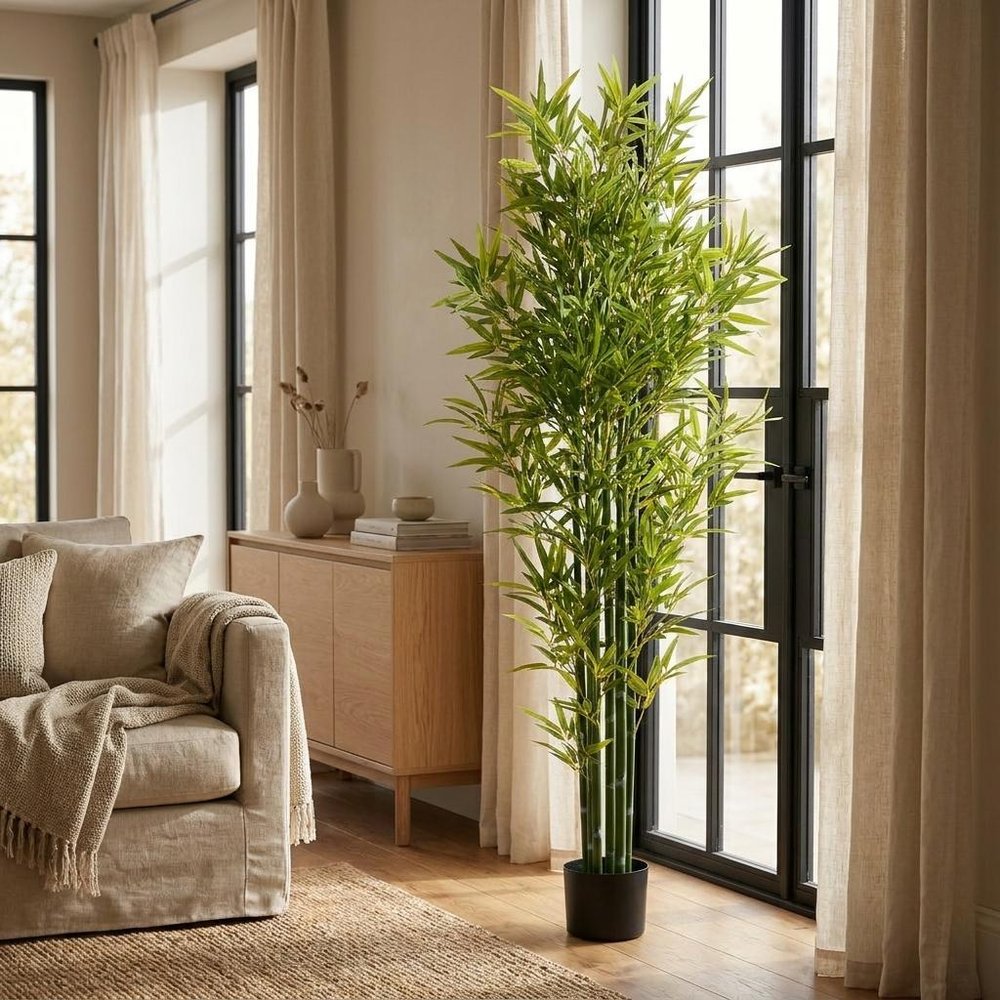 Set of Two 72" Green Artificial Bamboo Tree In Cylindrical Black Pot  Warm Home View