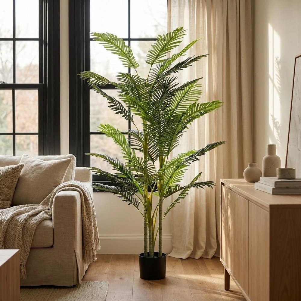 Set of Two 79" Green Artificial Palm Tree In Cylindrical Black Pot  Warm Home View
