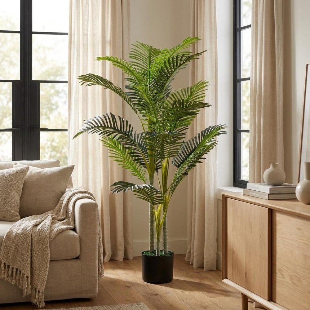 Set of Two 61" Green Artificial Palm Tree In Cylindrical Black Pot  Warm Home View