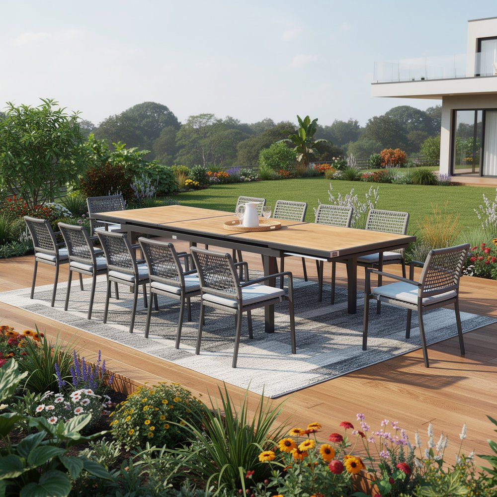 13 Piece Natural and Black Solid Wood Dining Set with Twelve Chairs  Warm Home View