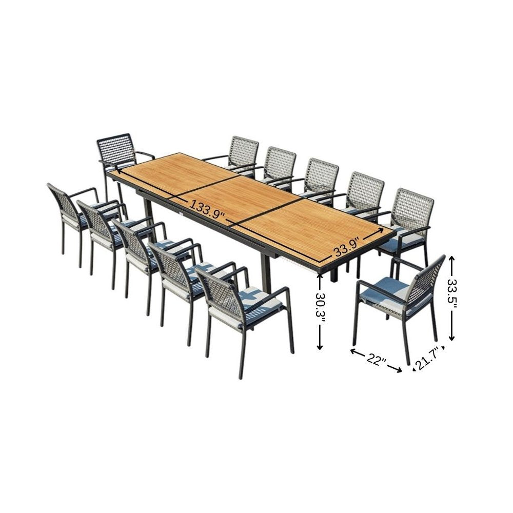 13 Piece Natural and Black Solid Wood Dining Set with Twelve Chairs  Warm Home View