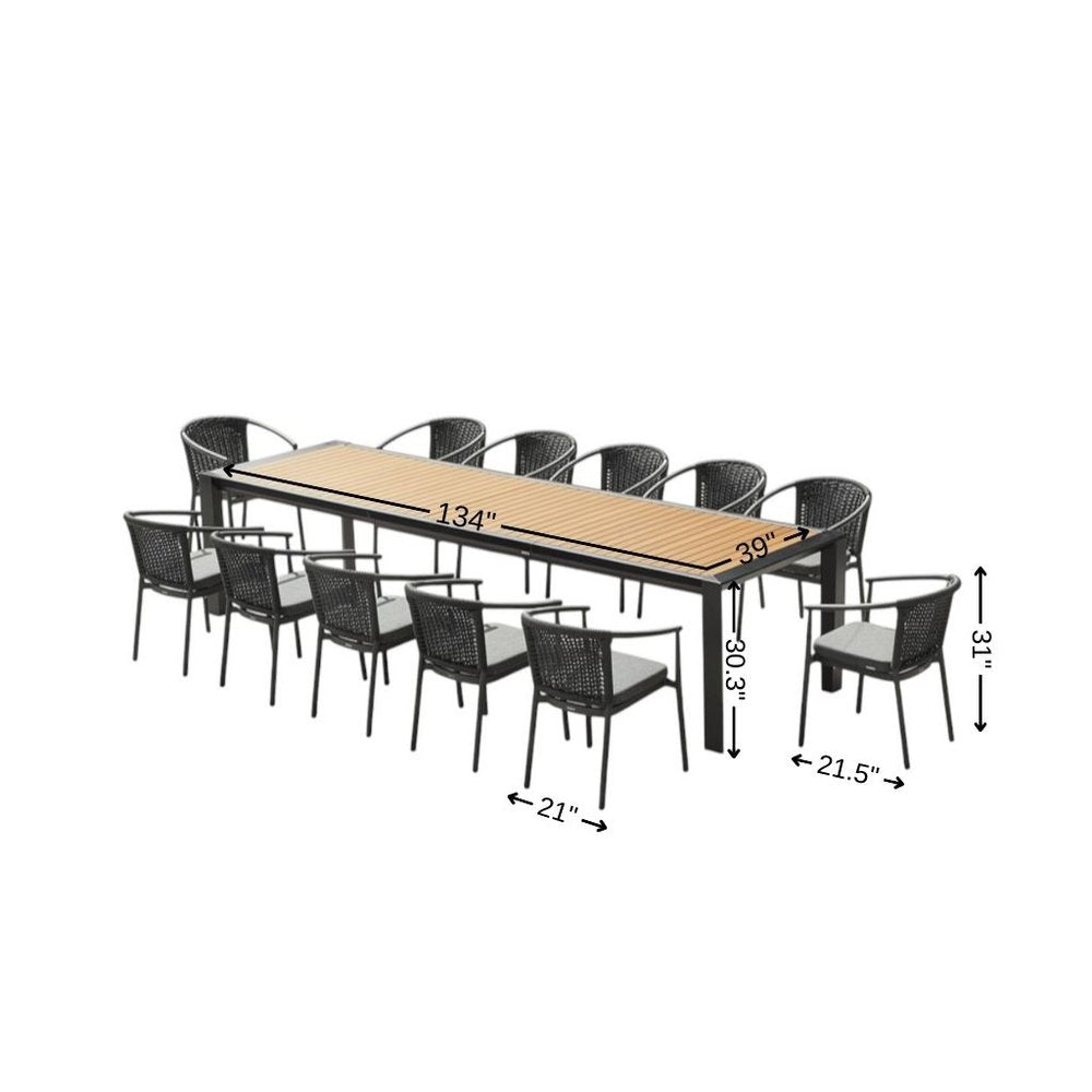 13 Piece Natural and Black Solid Wood Dining Set with Twelve Chairs  Warm Home View