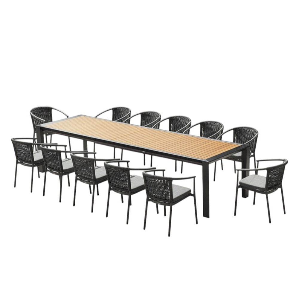 13 Piece Natural and Black Solid Wood Dining Set with Twelve Chairs  Warm Home View