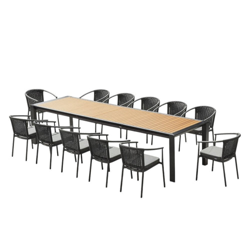 13 Piece Natural and Black Solid Wood Dining Set with Twelve Chairs  Warm Home View