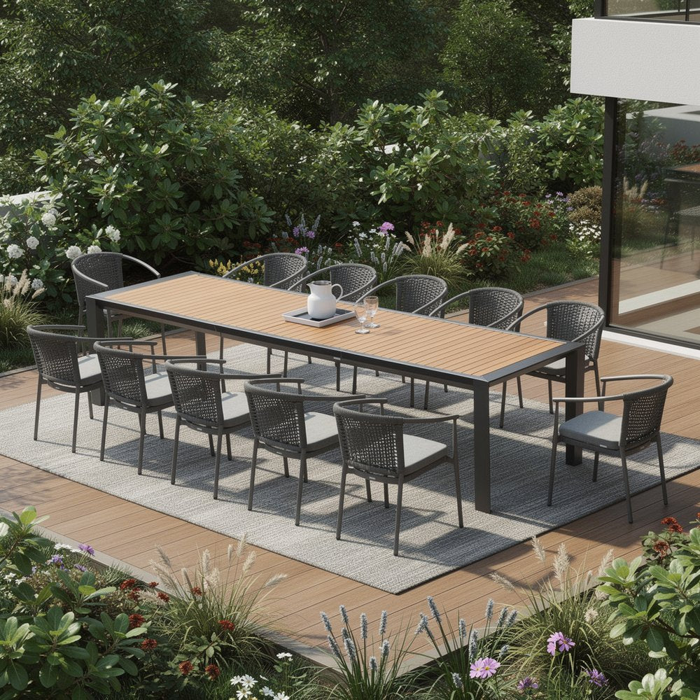 13 Piece Natural and Black Solid Wood Dining Set with Twelve Chairs  Warm Home View