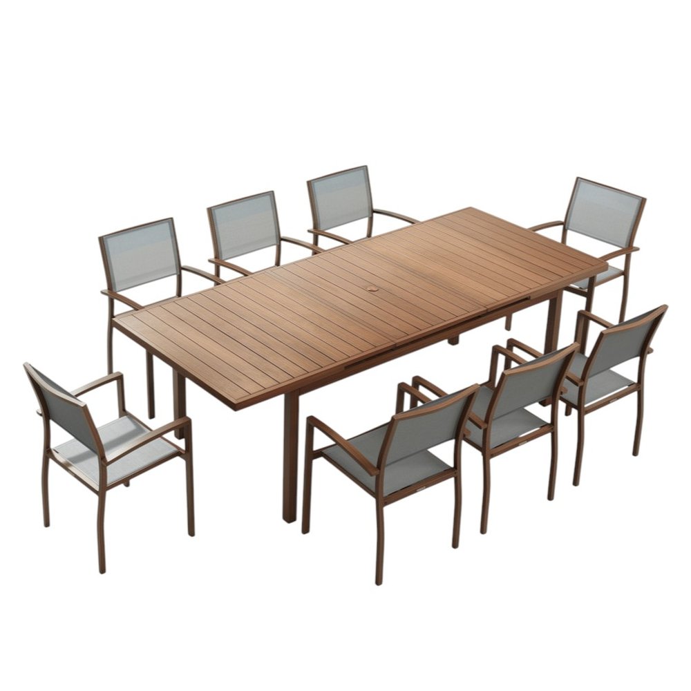 Nine Piece Brown Metal Dining Set with Eight Chairs  Warm Home View