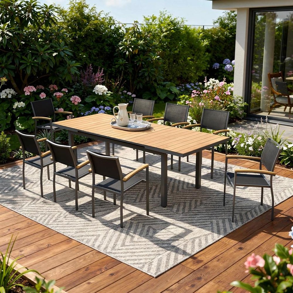Nine Piece Natural and Black Heavy Duty Plastic Dining Set with Eight Chairs  Warm Home View