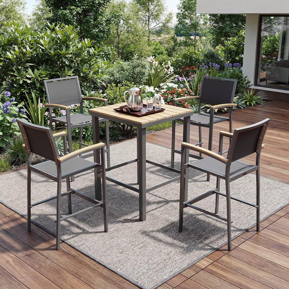 Five Piece Light Brown and Black Square Solid Wood Dining Set with Four Chairs  Warm Home View