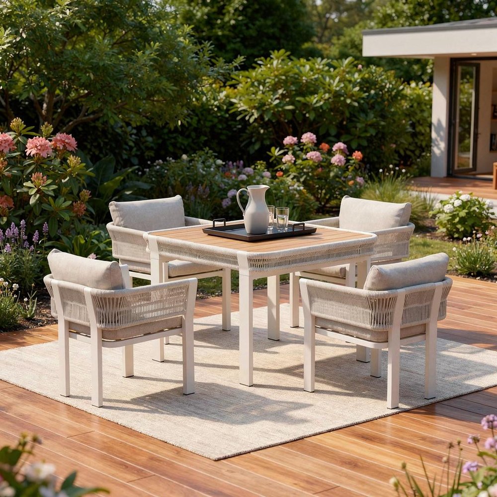 Five Piece Light Brown and Beige Square Solid Wood Dining Set with Four Chairs  Warm Home View