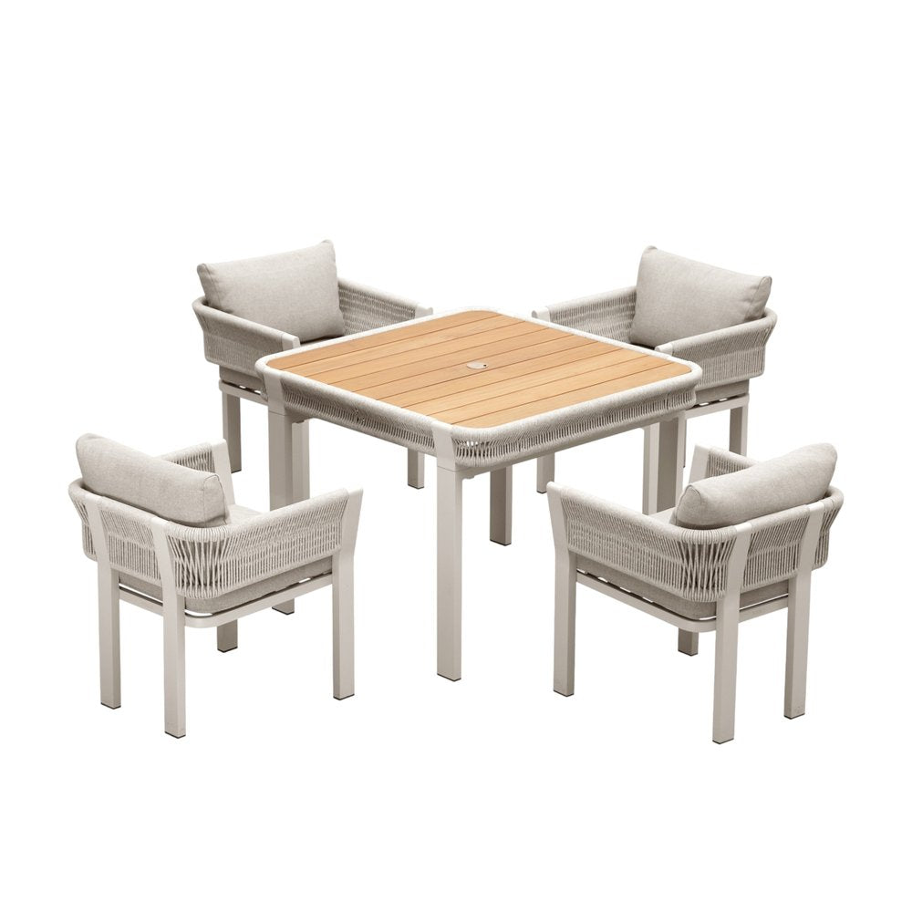 Five Piece Light Brown and Beige Square Solid Wood Dining Set with Four Chairs  Warm Home View