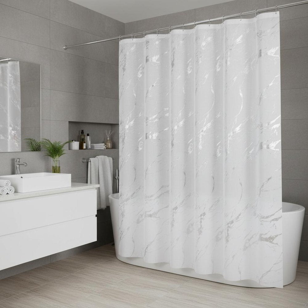 72" White And Silver Abstract Shower Curtain  Warm Home View