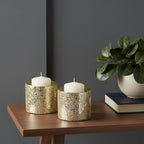Set of Two Gold Distressed Abstract Glass Tabletop Hurricane Candle Holders  Warm Home View