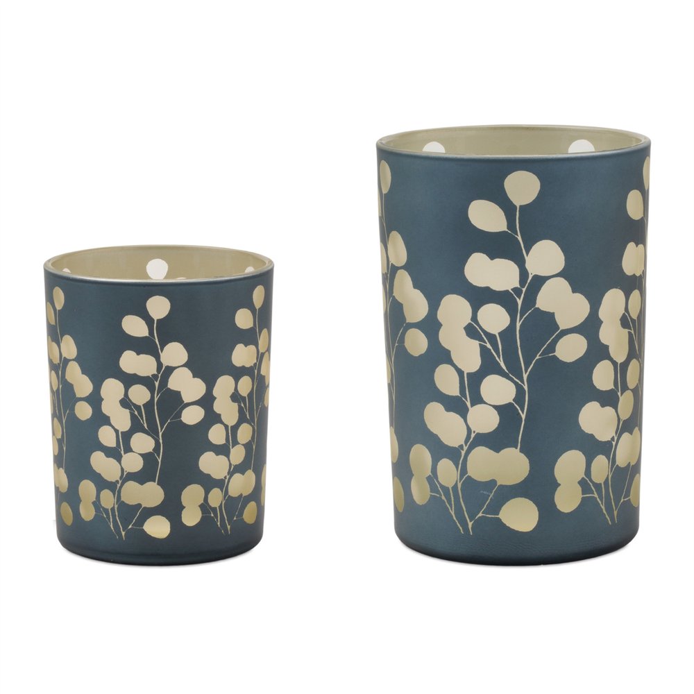 Set of Two Green Distressed Abstract Glass Tabletop Hurricane Candle Holders  Warm Home View