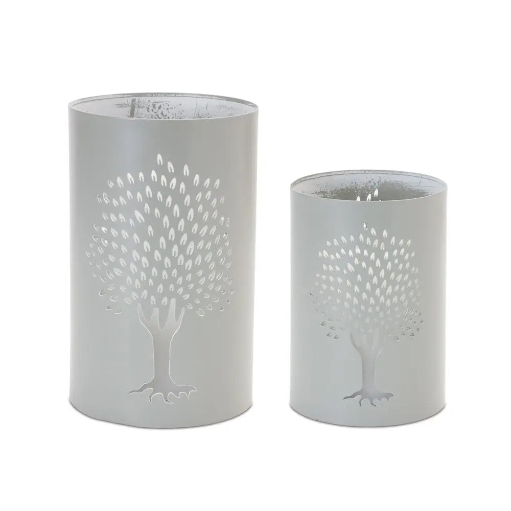 Set of Two Green Abstract Metal Tabletop Hurricane Candle Holders  Warm Home View