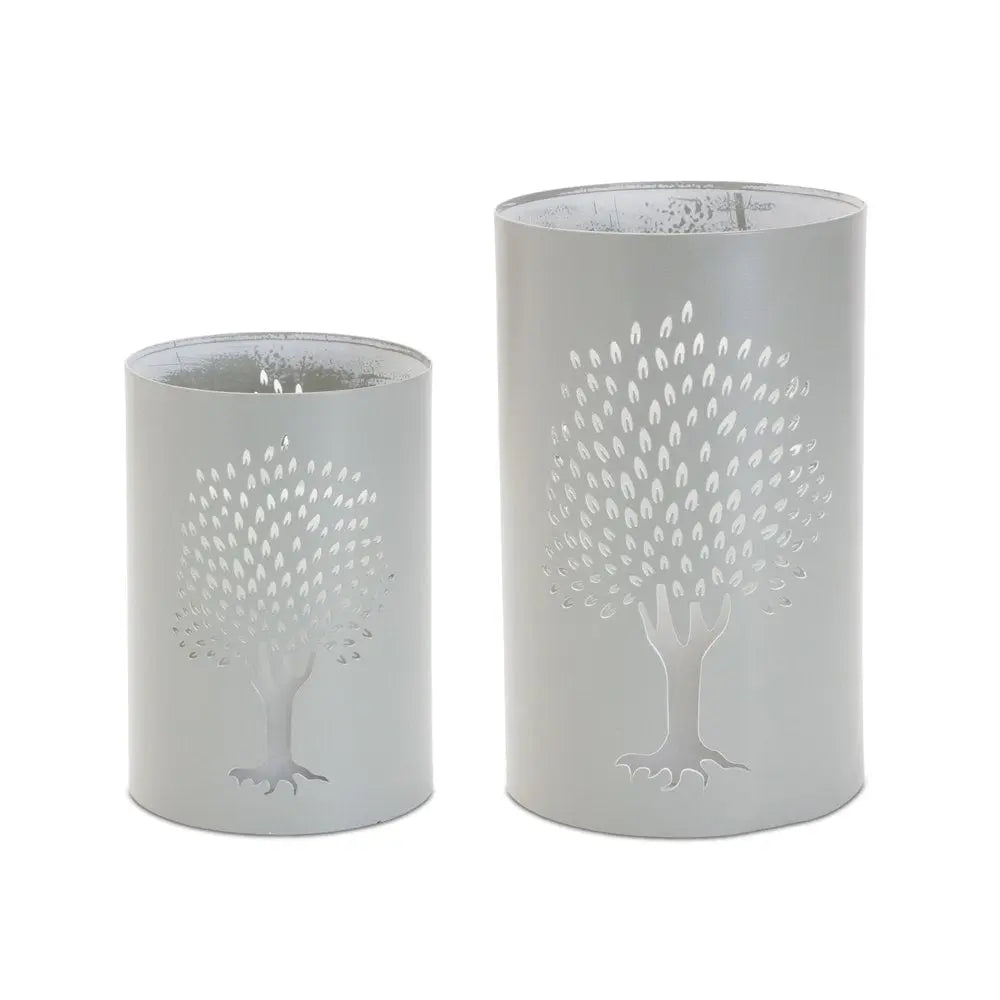 Set of Two Green Abstract Metal Tabletop Hurricane Candle Holders  Warm Home View
