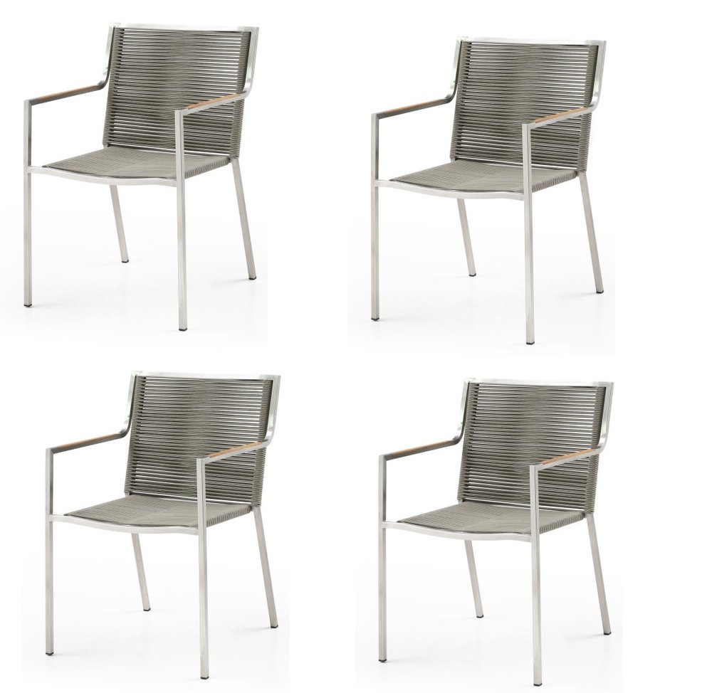 Set of Four Light Brown And Silver Woven Steel Outdoor Arm Chairs  Warm Home View