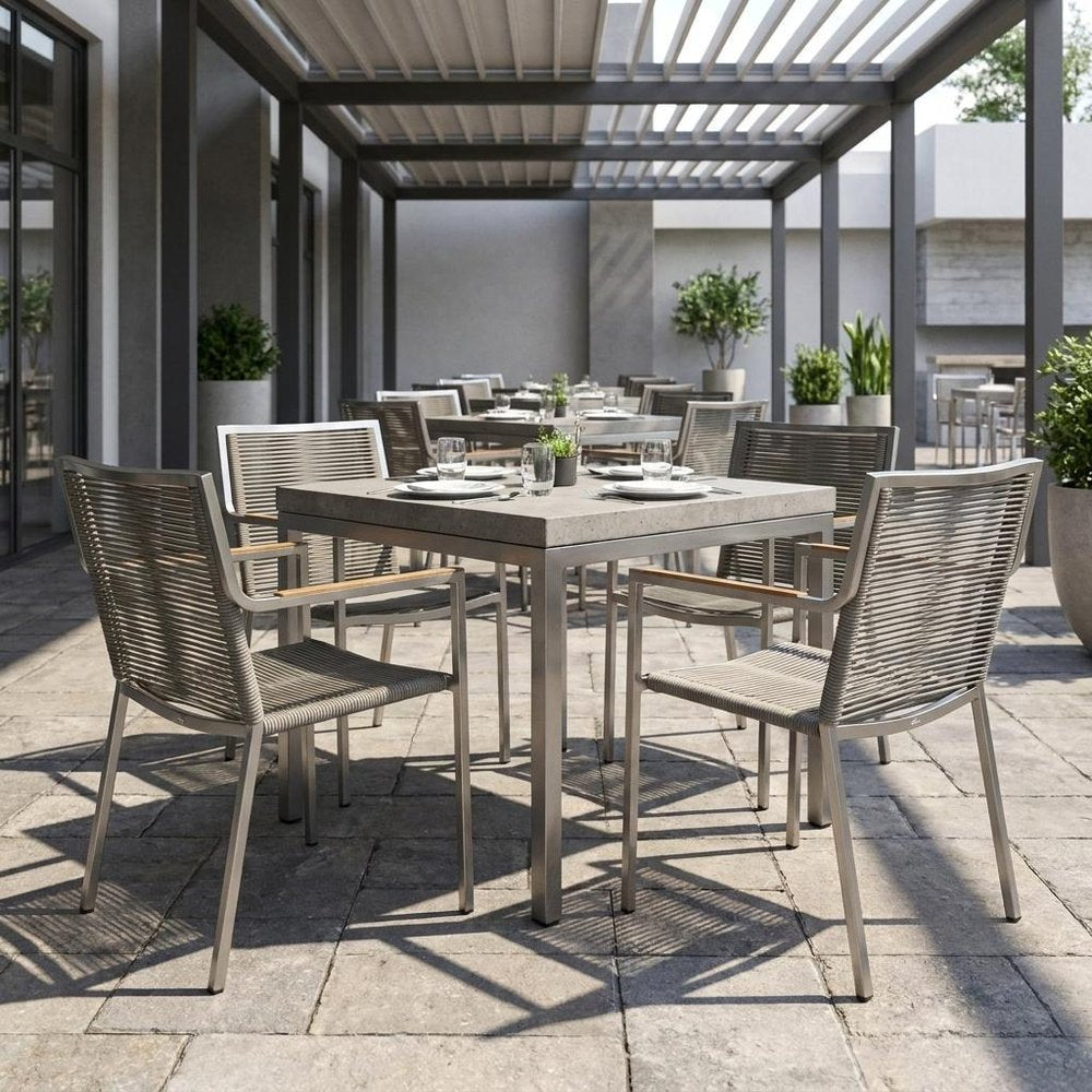 Set of Four Light Brown And Silver Woven Steel Outdoor Arm Chairs  Warm Home View