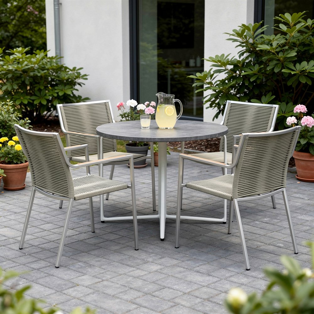 Set of Four Light Brown And Silver Woven Steel Outdoor Arm Chairs  Warm Home View