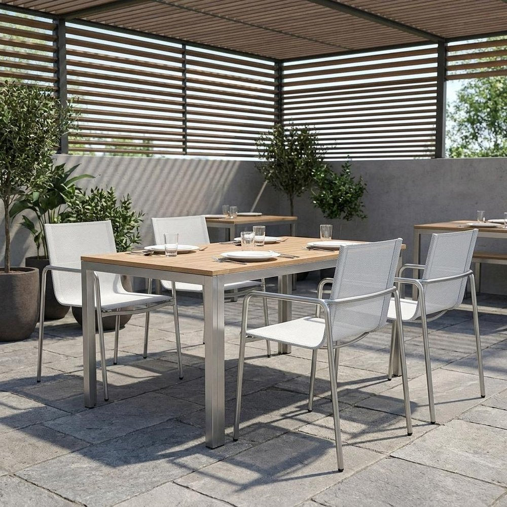 Set of Four Light Gray Steel Sling Outdoor Arm Chairs  Warm Home View