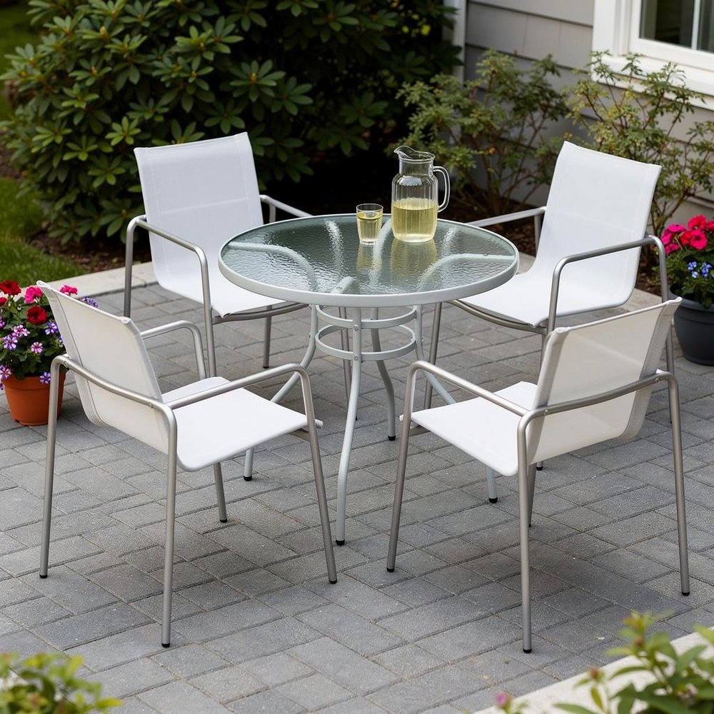 Set of Four Light Gray Steel Sling Outdoor Arm Chairs  Warm Home View