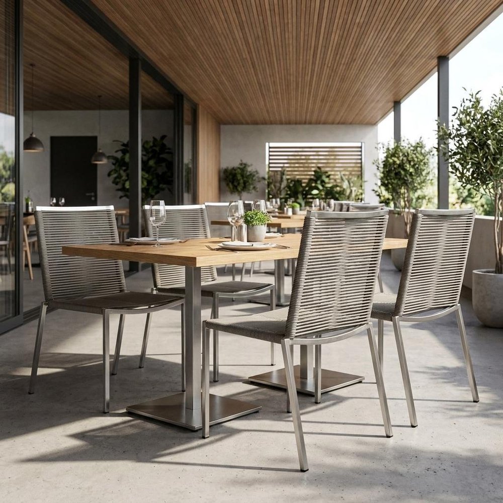 Set of Four Light Brown And Silver Woven Steel Outdoor Dining Chairs  Warm Home View