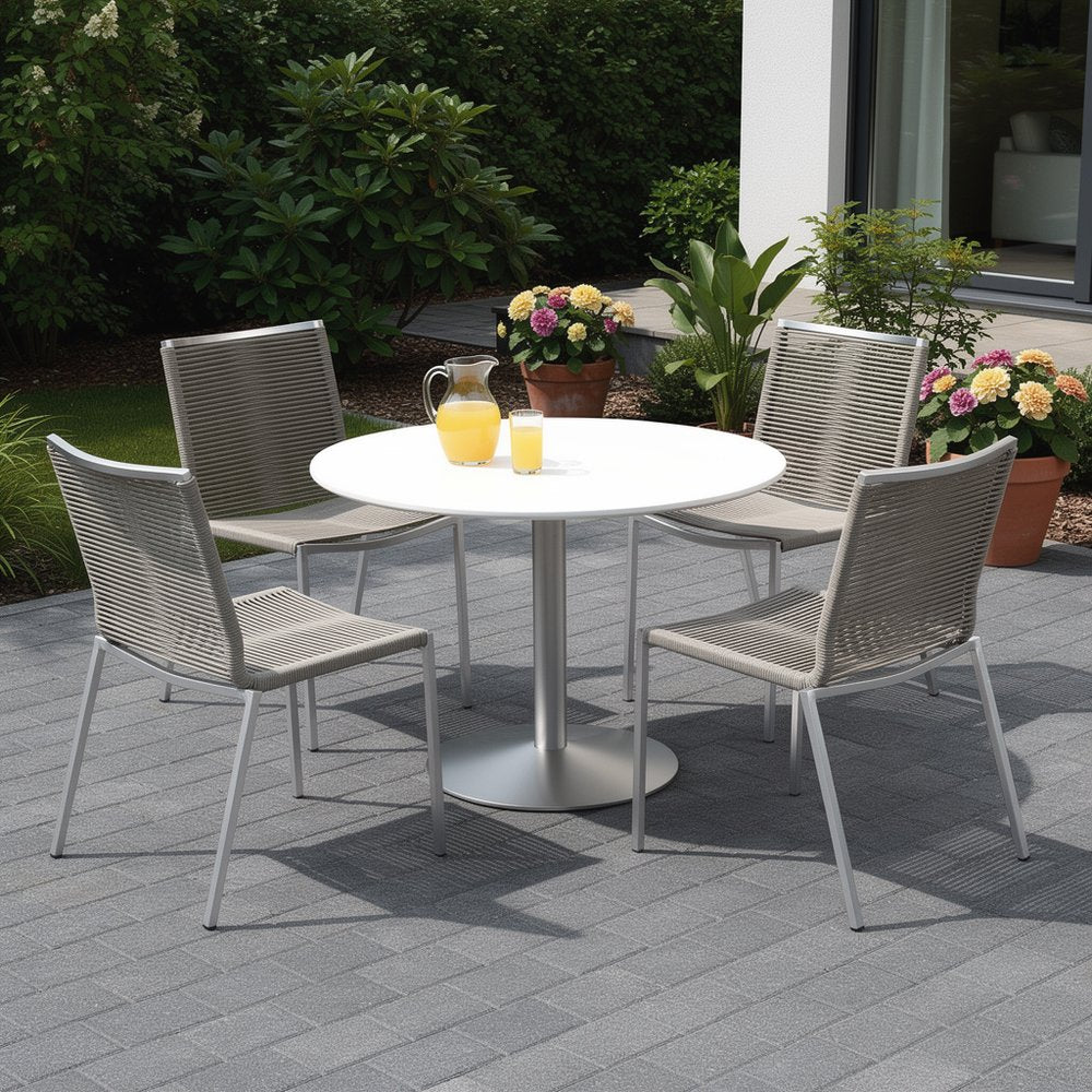 Set of Four Light Brown And Silver Woven Steel Outdoor Dining Chairs  Warm Home View