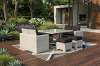 Seven Piece White and Dark Gray Wicker Upholstered Cushions Outdoor Patio Set With Table  Warm Home View