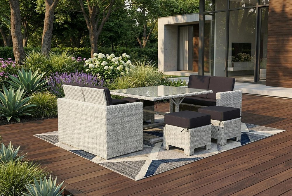 Seven Piece White and Dark Gray Wicker Upholstered Cushions Outdoor Patio Set With Table  Warm Home View