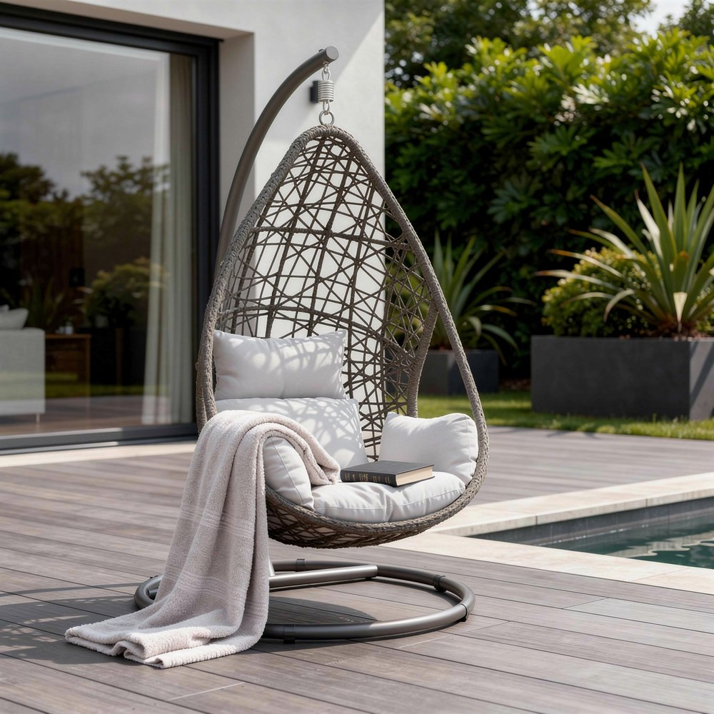 40" Dark Gray Aluminum Outdoor Rocking Egg Chair with White Cushion  Warm Home View