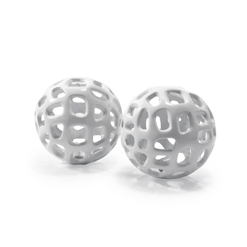 Set of Two White Aluminum Hand Painted Decorative Orbs  Warm Home View
