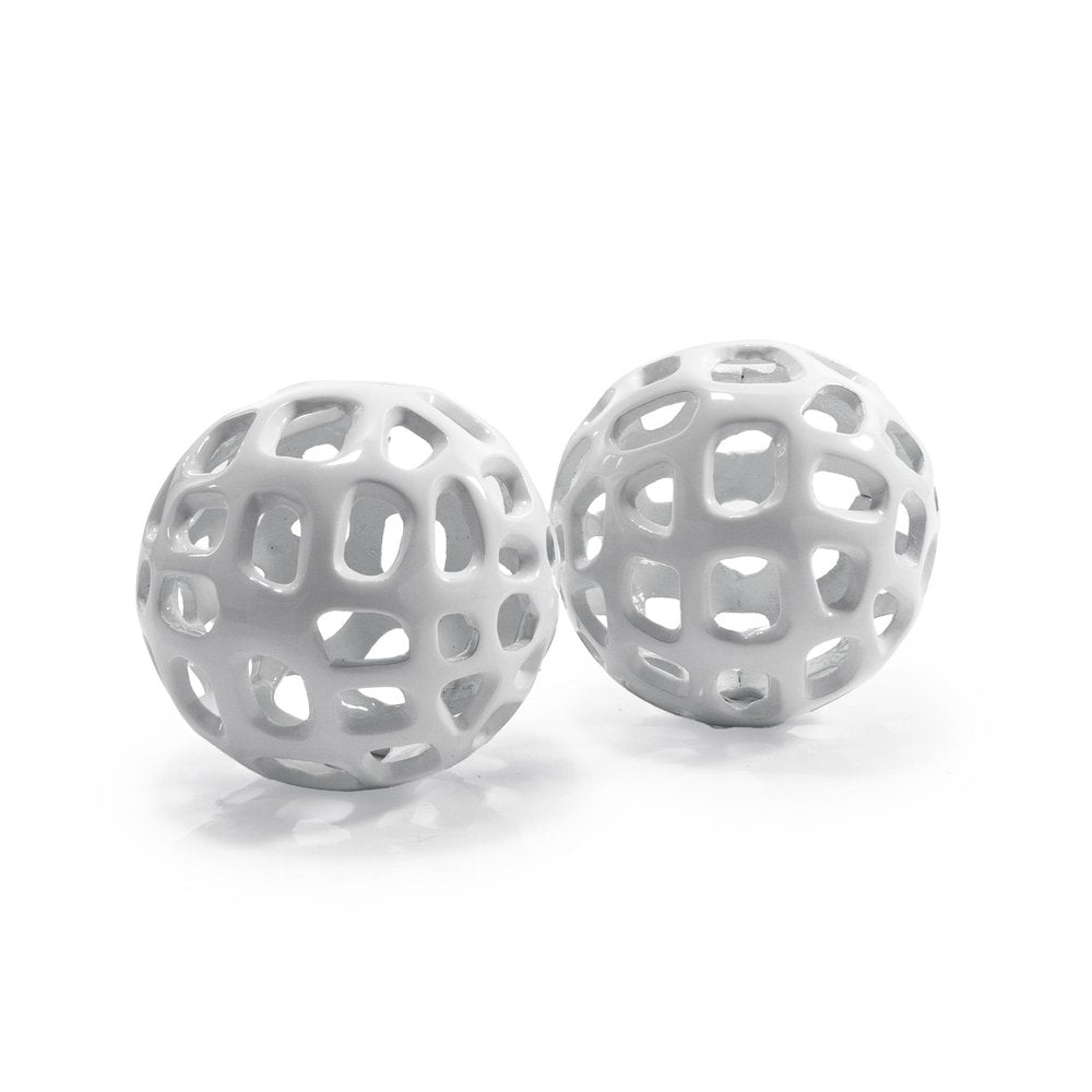 Set of Two White Aluminum Hand Painted Decorative Orbs  Warm Home View