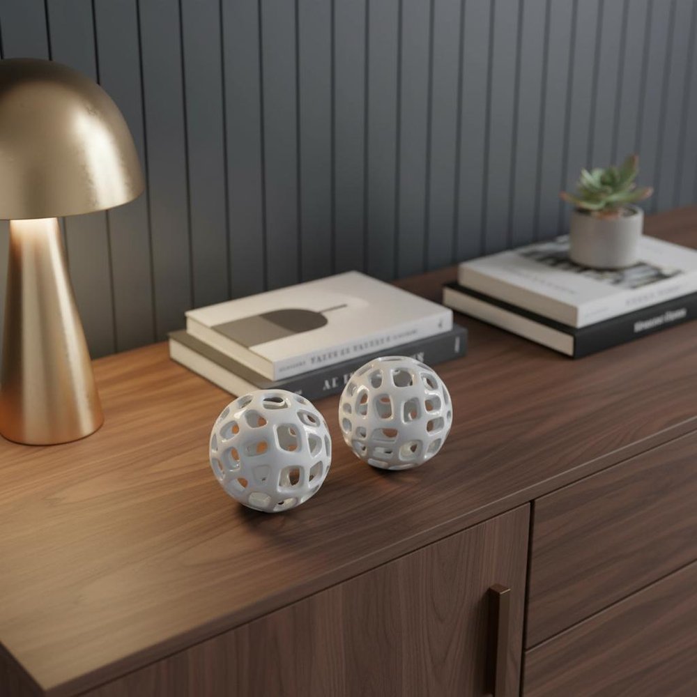 Set of Two White Aluminum Hand Painted Decorative Orbs  Warm Home View