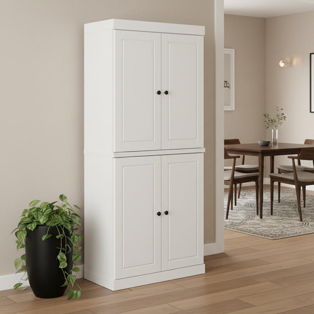 72" White Solid Wood Four Door Pantry Or Storage Closet  Warm Home View