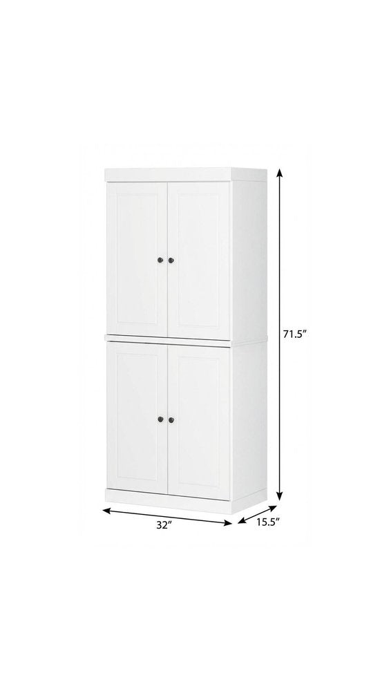 72" White Solid Wood Four Door Pantry Or Storage Closet  Warm Home View