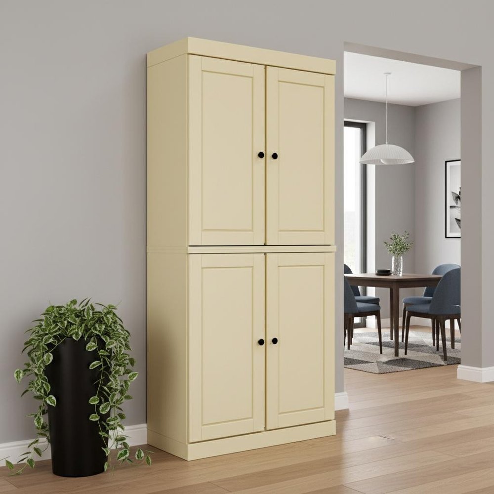 72" Yellow Solid Wood Four Door Pantry Or Storage Closet  Warm Home View