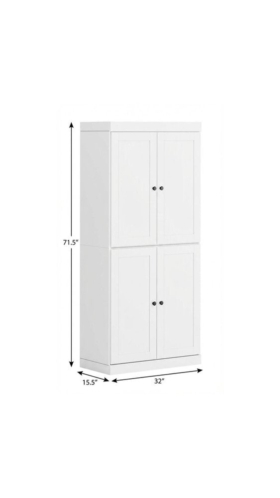 72" White Solid Wood Four Door Pantry Or Storage Closet  Warm Home View