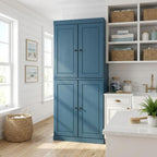 72" Teal Blue Solid Wood Four Door Two Drawer Pantry Or Storage Closet  Warm Home View