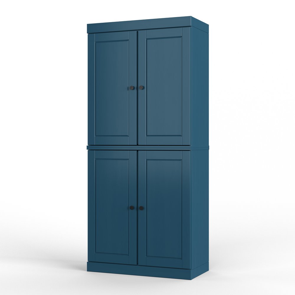72" Teal Blue Solid Wood Four Door Two Drawer Pantry Or Storage Closet  Warm Home View