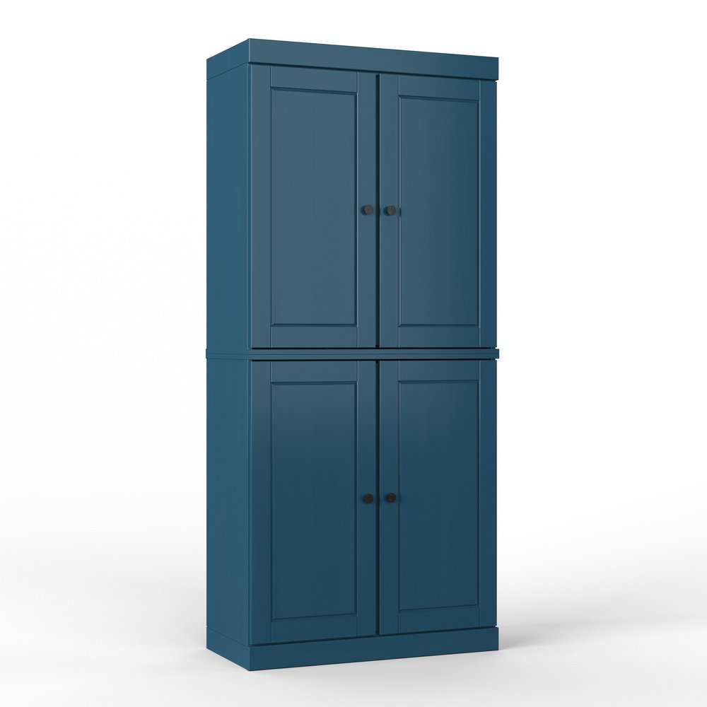 72" Teal Blue Solid Wood Four Door Two Drawer Pantry Or Storage Closet  Warm Home View