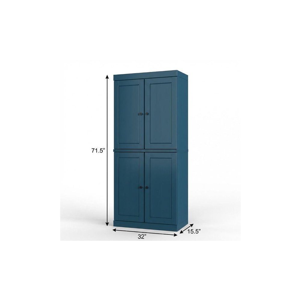 72" Teal Blue Solid Wood Four Door Two Drawer Pantry Or Storage Closet  Warm Home View