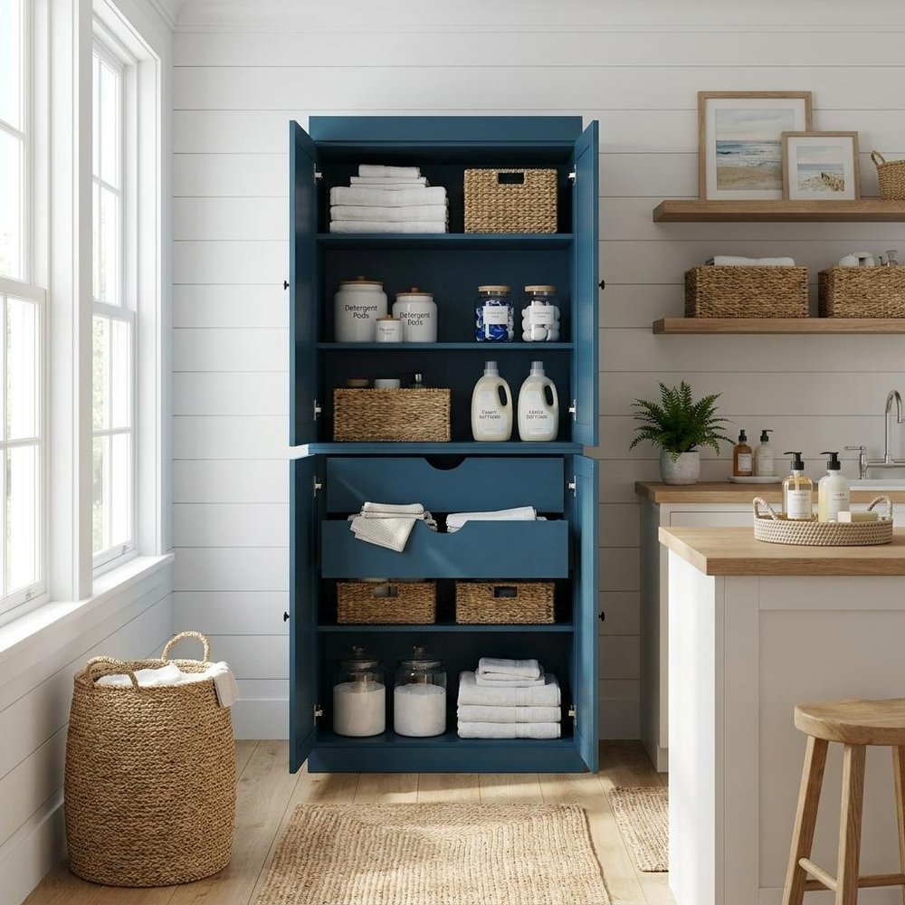 72" Teal Blue Solid Wood Four Door Two Drawer Pantry Or Storage Closet  Warm Home View