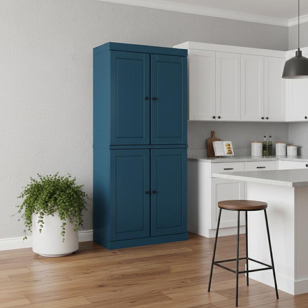 72" Teal Blue Solid Wood Four Door Two Drawer Pantry Or Storage Closet  Warm Home View