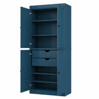 72" Teal Blue Solid Wood Four Door Two Drawer Pantry Or Storage Closet  Warm Home View