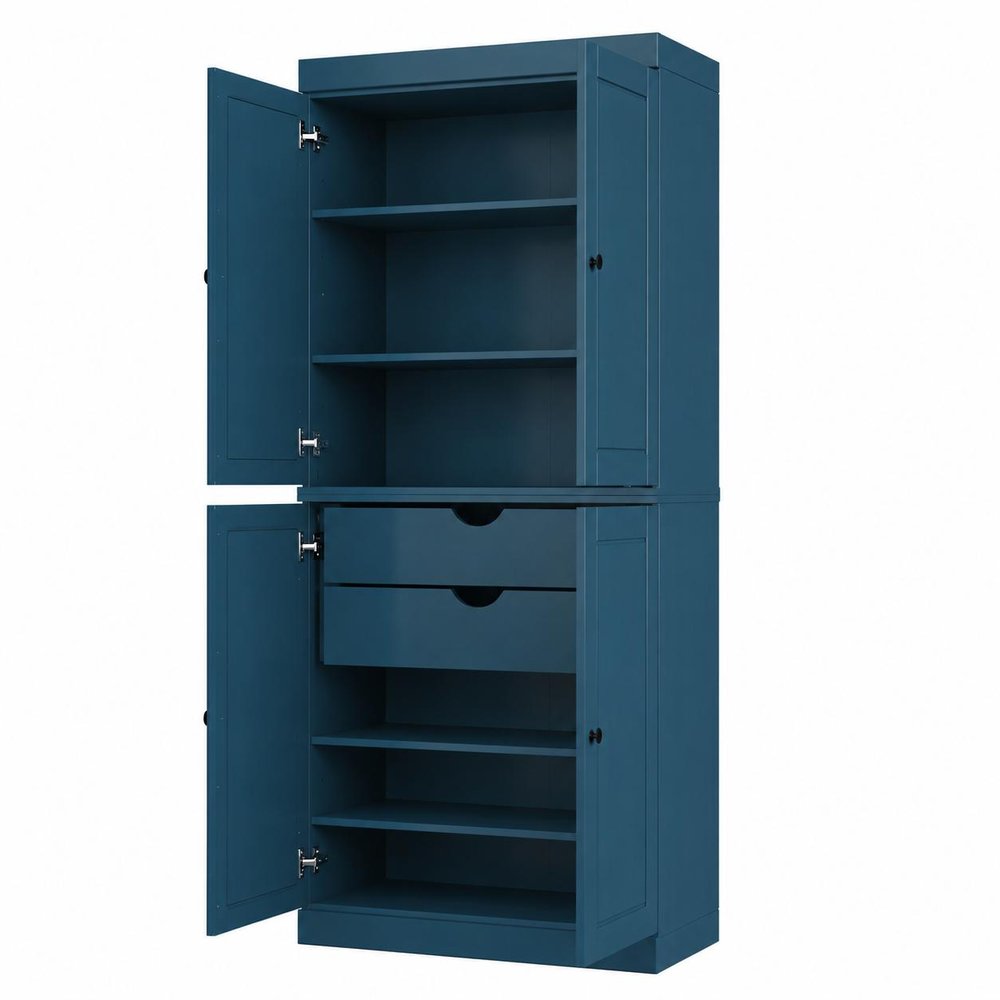 72" Teal Blue Solid Wood Four Door Two Drawer Pantry Or Storage Closet  Warm Home View