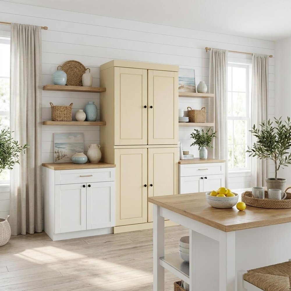 72" Yellow Solid Wood Four Door Two Drawer Pantry Or Storage Closet  Warm Home View