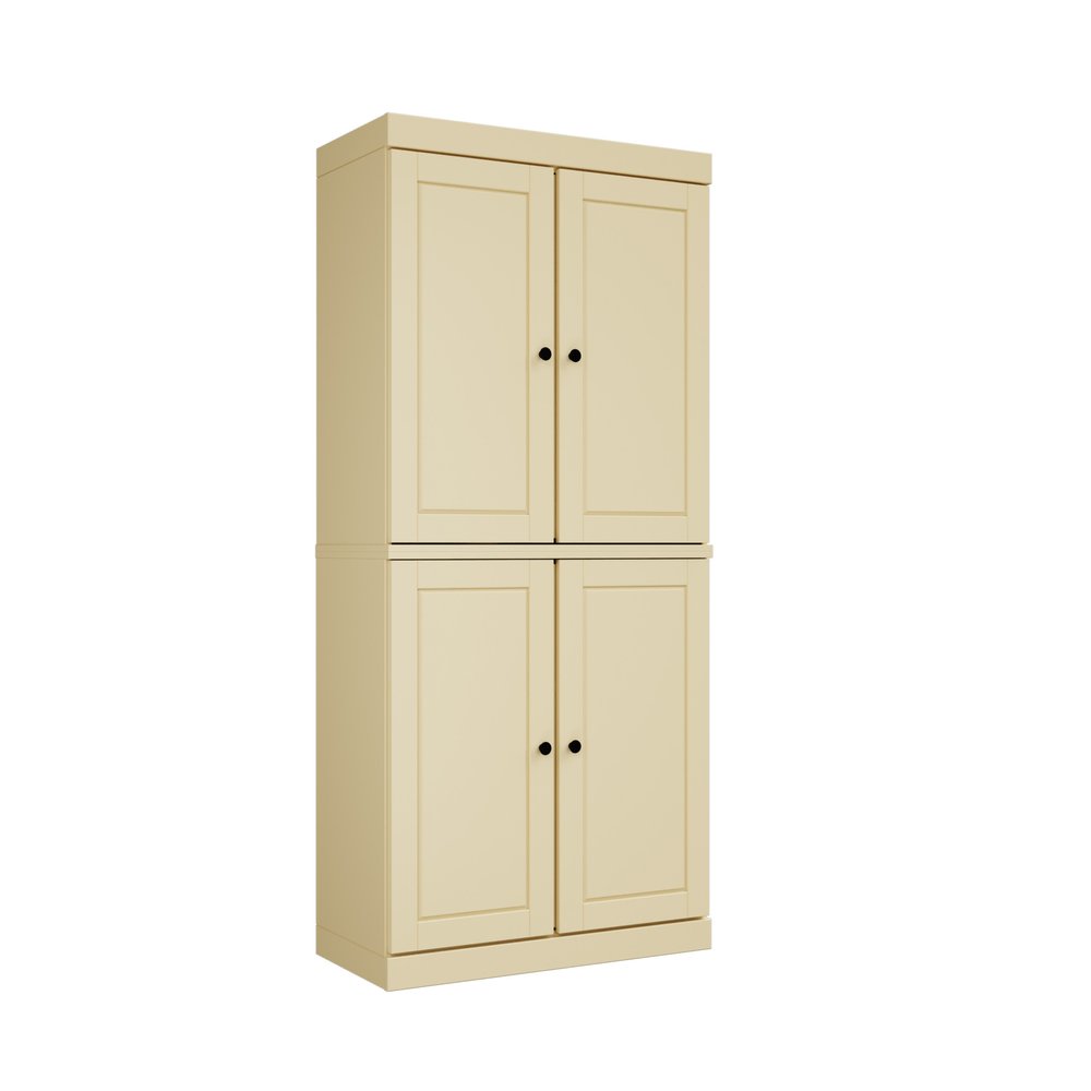 72" Yellow Solid Wood Four Door Two Drawer Pantry Or Storage Closet  Warm Home View