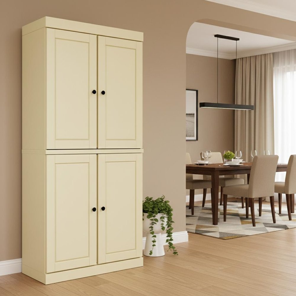 72" Yellow Solid Wood Four Door Two Drawer Pantry Or Storage Closet  Warm Home View