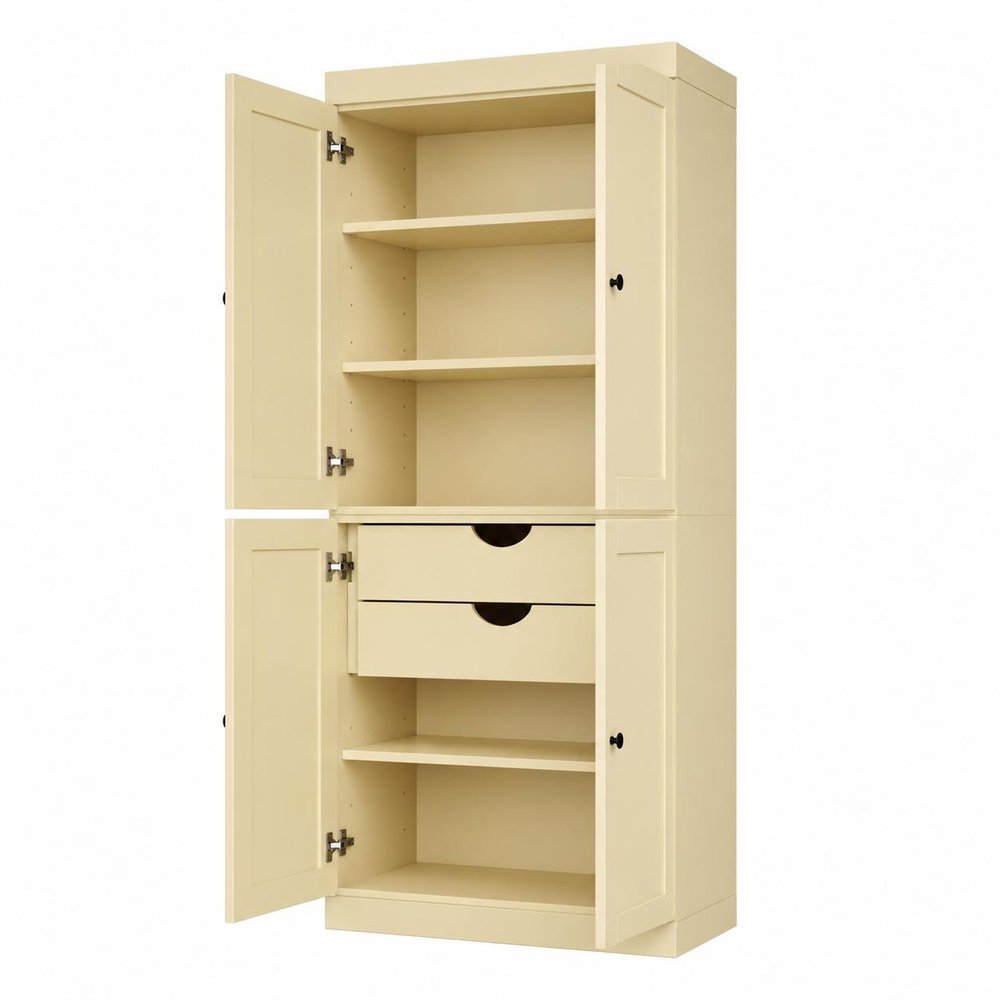 72" Yellow Solid Wood Four Door Two Drawer Pantry Or Storage Closet  Warm Home View