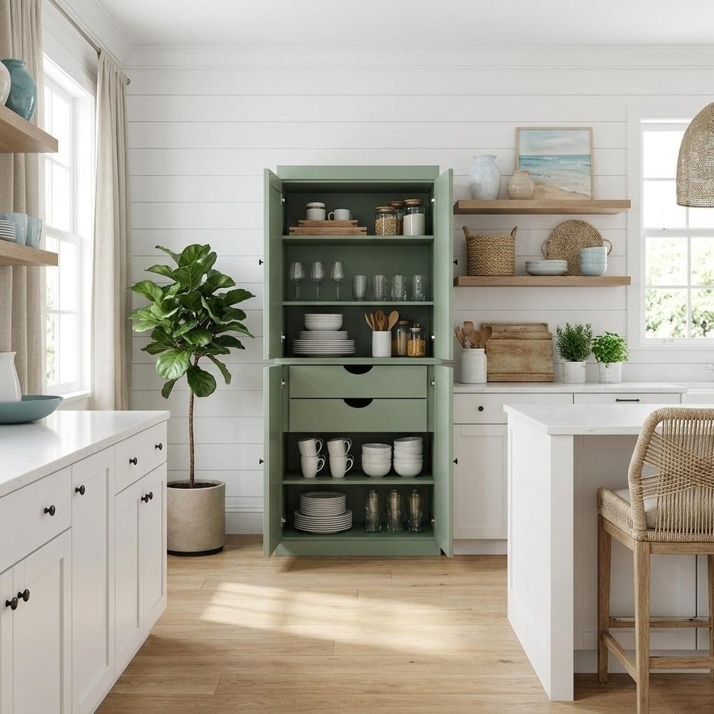 72" Sage Solid Wood Four Door Two Drawer Pantry Or Storage Closet  Warm Home View