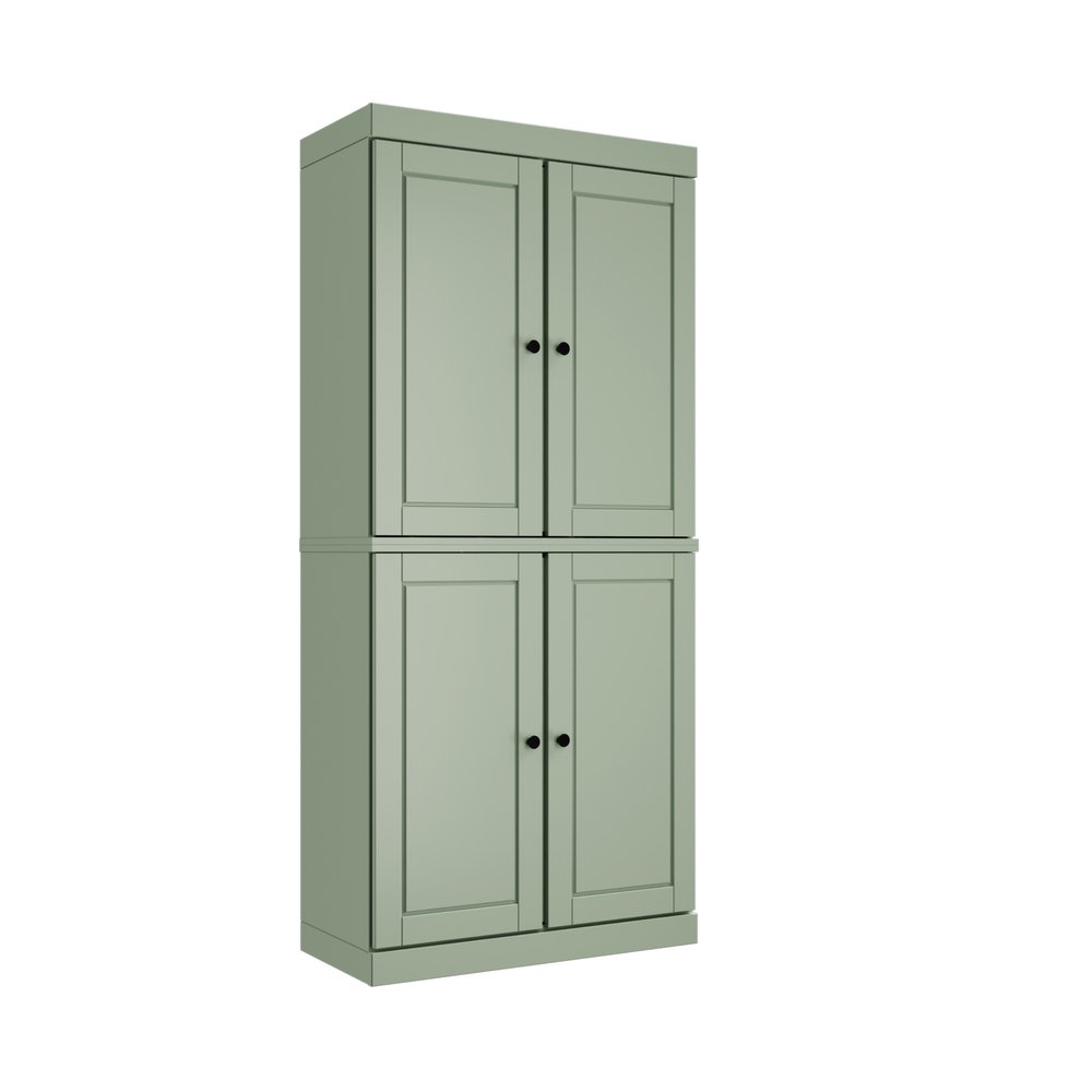 72" Sage Solid Wood Four Door Two Drawer Pantry Or Storage Closet  Warm Home View